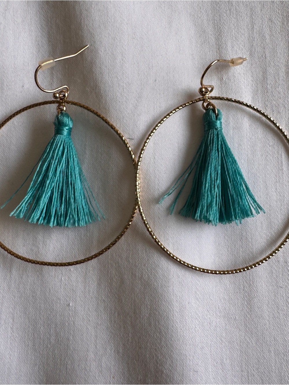 Gold Hoop Earrings with Teal Tassel - Women Jewelry